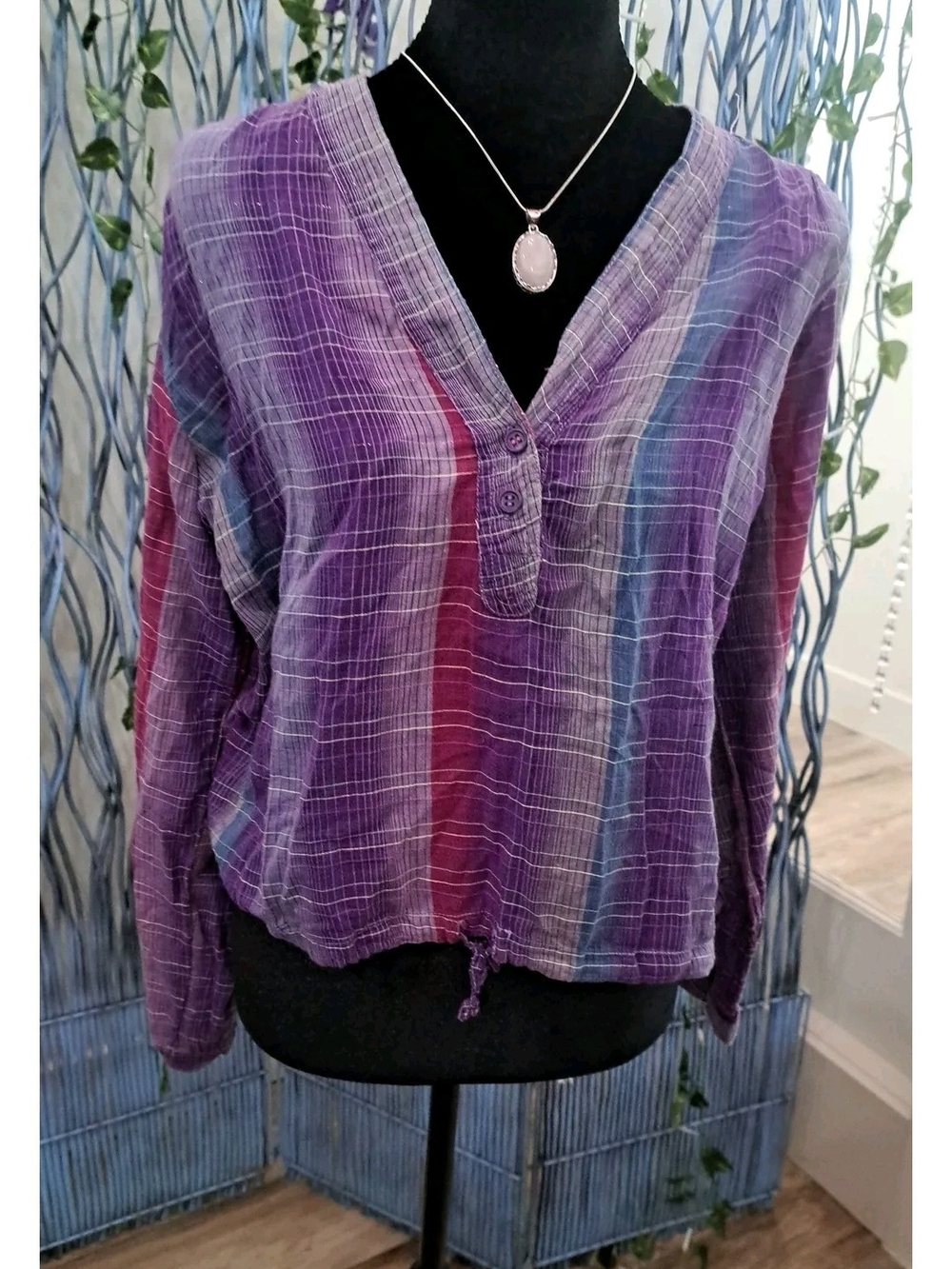 Prism Caravan Crinkle Stripe Boho Peasant Blouse Size Large